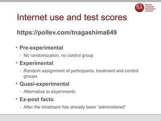 Internet use and test scores
https://pollev.com/tnagashima649
• Pre-experimental
• No randomization, no control group
• Ex...