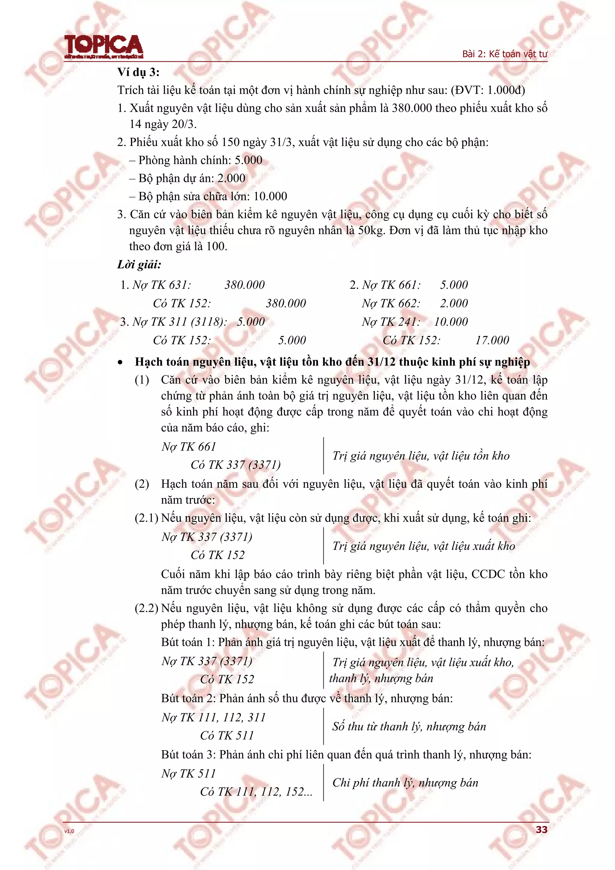 Bài 2: Kế toán vật tư
v1.0 33
Ví dụ 3:
Trích tài liệu kế toán tại một đơn vị hành chính sự nghiệp như sau: (ĐVT: 1.000đ)
1. Xuất nguyên vật liệu dùng cho sản xuất sản phẩm là 380.000 theo phiếu xuất kho số
14 ngày 20/3.
2. Phiếu xuất kho số 150 ngày 31/3, xuất vật liệu sử dụng cho các bộ phận:
– Phòng hành chính: 5.000
– Bộ phận dự án: 2.000
– Bộ phận sửa chữa lớn: 10.000
3. Căn cứ vào biên bản kiểm kê nguyên vật liệu, công cụ dụng cụ cuối kỳ cho biết số
nguyên vật liệu thiếu chưa rõ nguyên nhân là 50kg. Đơn vị đã làm thủ tục nhập kho
theo đơn giá là 100.
Lời giải:
1. Nợ TK 631: 380.000
Có TK 152: 380.000
3. Nợ TK 311 (3118): 5.000
Có TK 152: 5.000
2. Nợ TK 661: 5.000
Nợ TK 662: 2.000
Nợ TK 241: 10.000
Có TK 152: 17.000
 Hạch toán nguyên liệu, vật liệu tồn kho đến 31/12 thuộc kinh phí sự nghiệp
(1) Căn cứ vào biên bản kiểm kê nguyên liệu, vật liệu ngày 31/12, kế toán lập
chứng từ phản ánh toàn bộ giá trị nguyên liệu, vật liệu tồn kho liên quan đến
số kinh phí hoạt động được cấp trong năm để quyết toán vào chi hoạt động
của năm báo cáo, ghi:
Nợ TK 661
Có TK 337 (3371)
Trị giá nguyên liệu, vật liệu tồn kho
(2) Hạch toán năm sau đối với nguyên liệu, vật liệu đã quyết toán vào kinh phí
năm trước:
(2.1) Nếu nguyên liệu, vật liệu còn sử dụng được, khi xuất sử dụng, kế toán ghi:
Nợ TK 337 (3371)
Có TK 152
Trị giá nguyên liệu, vật liệu xuất kho
Cuối năm khi lập báo cáo trình bày riêng biệt phần vật liệu, CCDC tồn kho
năm trước chuyển sang sử dụng trong năm.
(2.2) Nếu nguyên liệu, vật liệu không sử dụng được các cấp có thẩm quyền cho
phép thanh lý, nhượng bán, kế toán ghi các bút toán sau:
Bút toán 1: Phản ánh giá trị nguyên liệu, vật liệu xuất để thanh lý, nhượng bán:
Nợ TK 337 (3371)
Có TK 152
Trị giá nguyên liệu, vật liệu xuất kho,
thanh lý, nhượng bán
Bút toán 2: Phản ánh số thu được về thanh lý, nhượng bán:
Nợ TK 111, 112, 311
Có TK 511
Số thu từ thanh lý, nhượng bán
Bút toán 3: Phản ánh chi phí liên quan đến quá trình thanh lý, nhượng bán:
Nợ TK 511
Có TK 111, 112, 152...
Chi phí thanh lý, nhượng bán
 