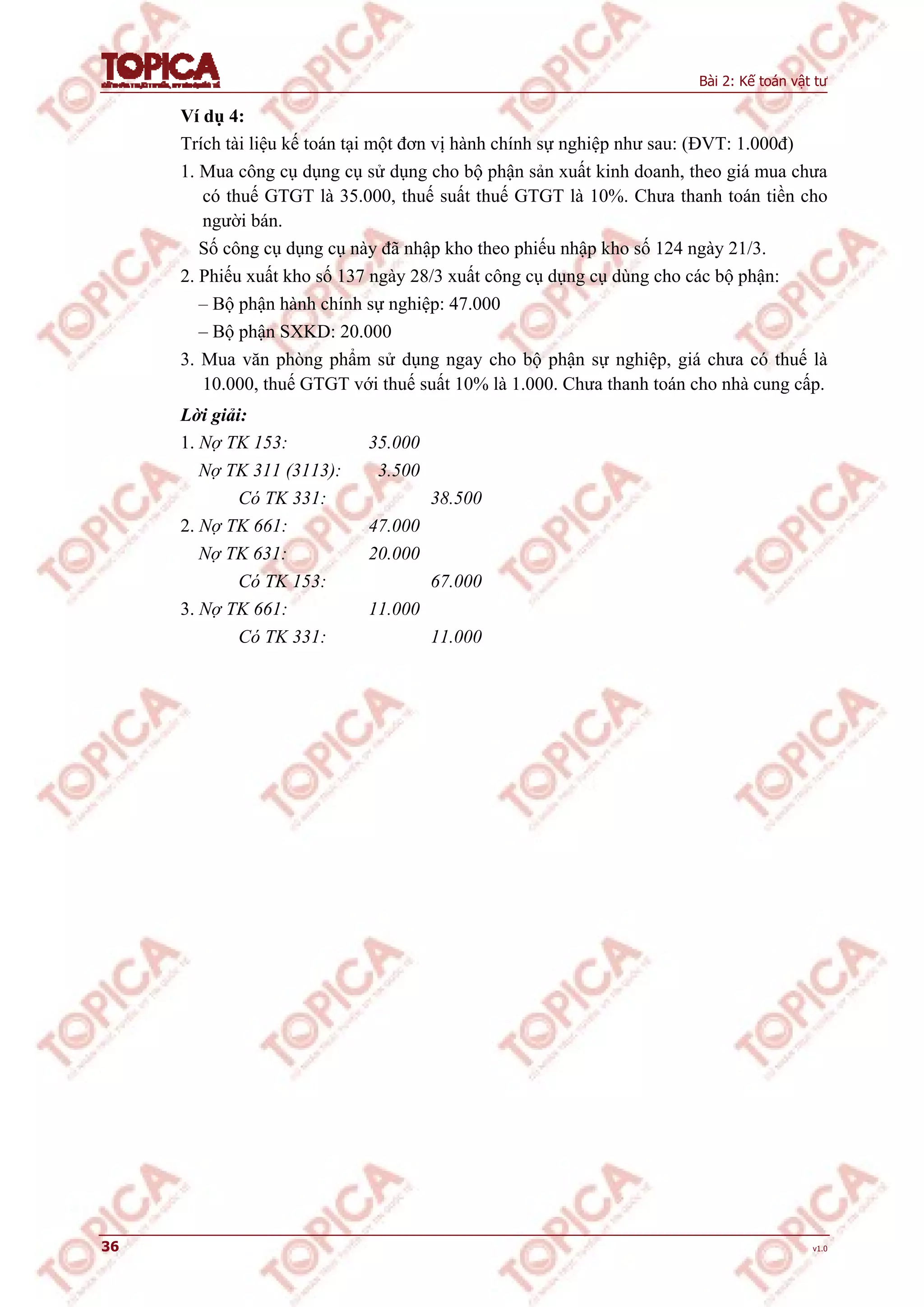 Bài 2: Kế toán vật tư
36 v1.0
Ví dụ 4:
Trích tài liệu kế toán tại một đơn vị hành chính sự nghiệp như sau: (ĐVT: 1.000đ)
1. Mua công cụ dụng cụ sử dụng cho bộ phận sản xuất kinh doanh, theo giá mua chưa
có thuế GTGT là 35.000, thuế suất thuế GTGT là 10%. Chưa thanh toán tiền cho
người bán.
Số công cụ dụng cụ này đã nhập kho theo phiếu nhập kho số 124 ngày 21/3.
2. Phiếu xuất kho số 137 ngày 28/3 xuất công cụ dụng cụ dùng cho các bộ phận:
– Bộ phận hành chính sự nghiệp: 47.000
– Bộ phận SXKD: 20.000
3. Mua văn phòng phẩm sử dụng ngay cho bộ phận sự nghiệp, giá chưa có thuế là
10.000, thuế GTGT với thuế suất 10% là 1.000. Chưa thanh toán cho nhà cung cấp.
Lời giải:
1. Nợ TK 153: 35.000
Nợ TK 311 (3113): 3.500
Có TK 331: 38.500
2. Nợ TK 661: 47.000
Nợ TK 631: 20.000
Có TK 153: 67.000
3. Nợ TK 661: 11.000
Có TK 331: 11.000
 