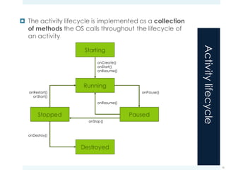 Activitylifecycle
¤ The activity lifecycle is implemented as a collection
of methods the OS calls throughout the lifecycle of
an activity
16
onCreate()
onStart()
onResume()
onPause()
onResume()
onStop()
onRestart()
onStart()
onDestroy()
 