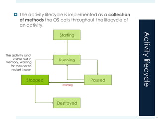 Activitylifecycle
¤ The activity lifecycle is implemented as a collection
of methods the OS calls throughout the lifecycle of
an activity
21
onStop()
The activity is not
visible but in
memory, waiting
for the user to
restart it soon
 