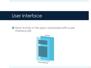 User interface
¤ Each Activity in the app is associated with a user
interface (UI)
29
User interface
activity
 
