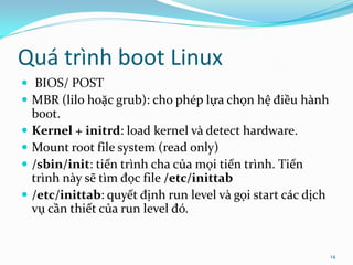 Quá trình boot Linux
 BIOS/ POST
 MBR (lilo hoặc grub): cho phép lựa chọn hệ điều hành
    boot.
   Kernel + initrd: load kernel và detect hardware.
   Mount root file system (read only)
   /sbin/init: tiến trình cha của mọi tiến trình. Tiến
    trình này sẽ tìm đọc file /etc/inittab
   /etc/inittab: quyết định run level và gọi start các dịch
    vụ cần thiết của run level đó.


                                                               14
 