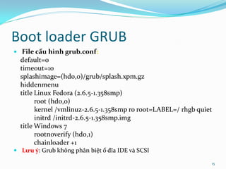 Boot loader GRUB
 File cấu hình grub.conf:
  default=0
  timeout=10
  splashimage=(hd0,0)/grub/splash.xpm.gz
  hiddenmenu
  title Linux Fedora (2.6.5-1.358smp)
        root (hd0,0)
        kernel /vmlinuz-2.6.5-1.358smp ro root=LABEL=/ rhgb quiet
        initrd /initrd-2.6.5-1.358smp.img
  title Windows 7
        rootnoverify (hd0,1)
        chainloader +1
 Lưu ý: Grub không phân biệt ổ đĩa IDE và SCSI

                                                                15
 