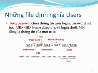 Những file định nghĩa Users
 /etc/passwd: chứa thông tin user login, password mã
 hóa, UID, GID, home directory, và login shell. Mỗi
 dòng là thông tin của một user.




                                                        4
 