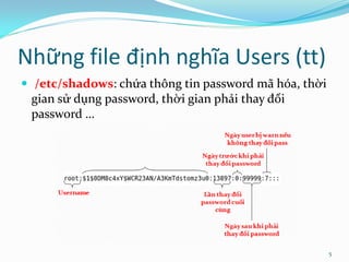 Những file định nghĩa Users (tt)
 /etc/shadows: chứa thông tin password mã hóa, thời
 gian sử dụng password, thời gian phải thay đổi
 password …




                                                       5
 