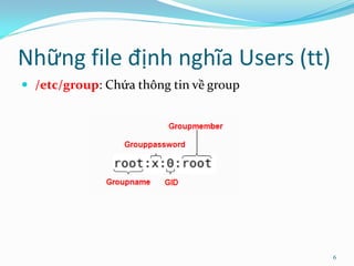 Những file định nghĩa Users (tt)
 /etc/group: Chứa thông tin về group




                                        6
 
