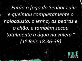 ... Então o fogo do Senhor caiu
e queimou completamente o
holocausto, a lenha, as pedras e
o chão, e também secou
totalmente a água na valeta.”
(1º Reis 18.36-38)
 