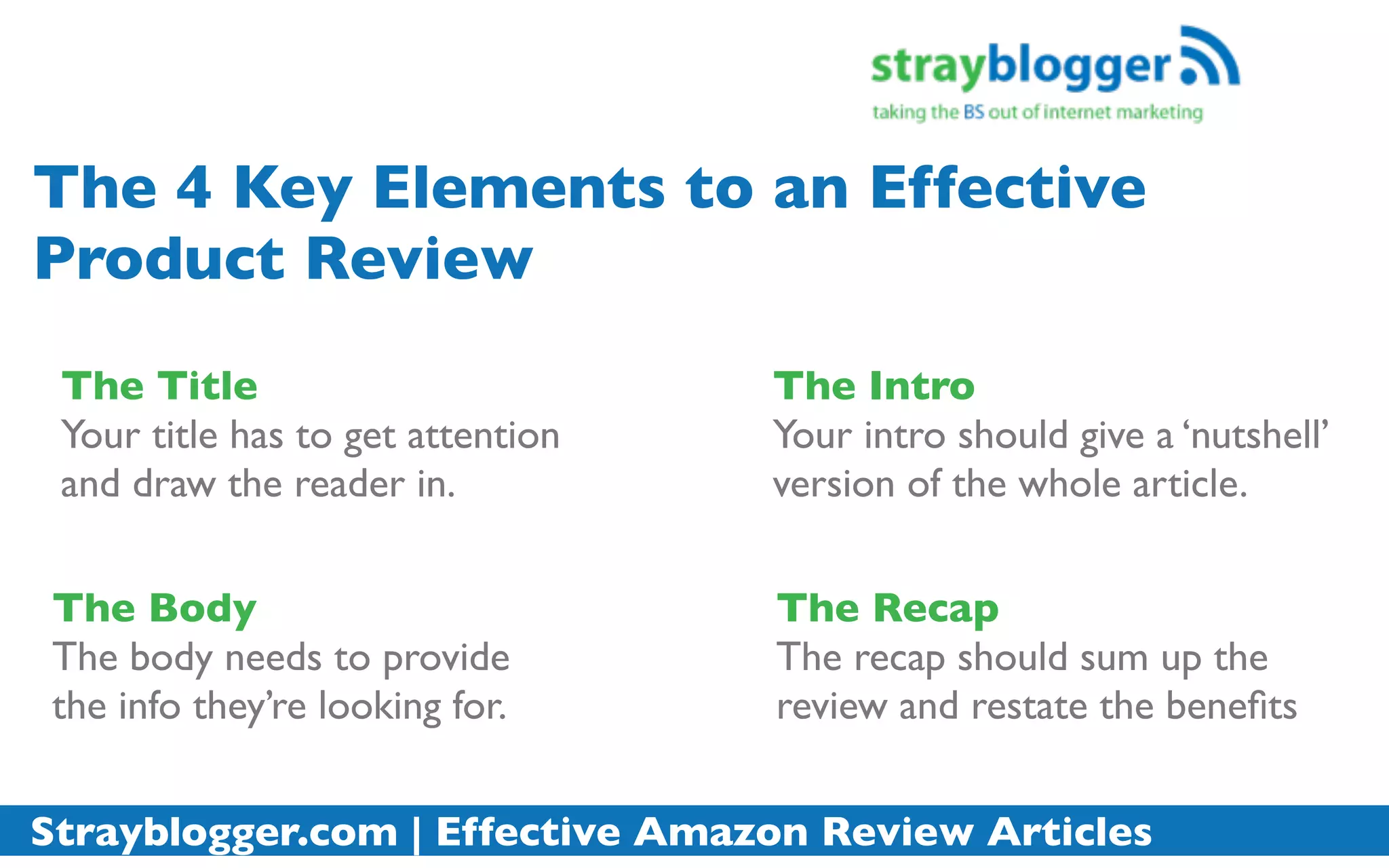 The 4 Key Elements to an Effective
Product Review
 The Title                         The Intro
 Your title has to get attention   Your intro should give a ‘nutshell’
 and draw the reader in.           version of the whole article.


 The Body                          The Recap
 The body needs to provide         The recap should sum up the
 the info they’re looking for.     review and restate the beneﬁts


Strayblogger.com | Effective Amazon Review Articles
 