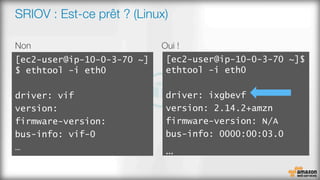 SRIOV : Est-ce prêt ? (Linux)
Non
 Oui !
[ec2-user@ip-10-0-3-70 ~]
$ ethtool -i eth0
driver: vif
version:
firmware-version:
bus-info: vif-0
…
[ec2-user@ip-10-0-3-70 ~]$
ethtool -i eth0
driver: ixgbevf
version: 2.14.2+amzn
firmware-version: N/A
bus-info: 0000:00:03.0
…
 