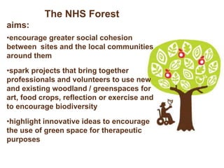 The NHS Forest
aims:
?encourage greater social cohesion
between sites and the local communities
around them
?spark projects that bring together
professionals and volunteers to use new
and existing woodland / greenspaces for
art, food crops, reflection or exercise and
to encourage biodiversity
?highlight innovative ideas to encourage
the use of green space for therapeutic
purposes
 