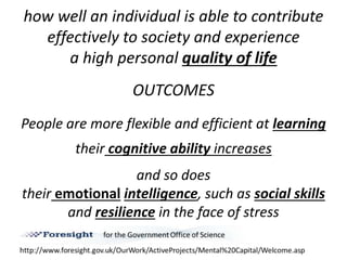 how well an individual is able to contribute
effectively to society and experience
a high personal quality of life
OUTCOMES
People are more flexible and efficient at learning
their cognitive ability increases
and so does
their emotional intelligence, such as social skills
and resilience in the face of stress
 