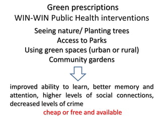 Green prescriptions
WIN-WIN Public Health interventions
Seeing nature/ Planting trees
Access to Parks
Using green spaces (urban or rural)
Community gardens
improved ability to learn, better memory and
attention, higher levels of social connections,
decreased levels of crime
cheap or free and available
 