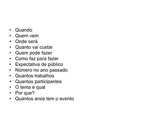 • Quando
• Quem vem
• Onde será
• Quanto vai custar
• Quem pode fazer
• Como faz para fazer
• Expectativa de público
• Número no ano passado
• Quantos trabalhos
• Quantos participantes
• O tema é qual
• Por que?
• Quantos anos tem o evento
 