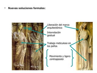 Liberación del marco arquitectónico Movimiento y ligero  contrapposto Interrelación gestual Trabajo meticuloso en los paños Nuevas soluciones formales: 