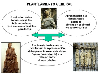 PLANTEAMIENTO GENERAL Inspiración en las  formas sensibles  fe la naturaleza,  que son comprensibles para todos. Aproximación a la  belleza física  desde la  dimensión espiritual  de su iconografía Planteamiento de nuevos  problemas:  la representación del espacio, la volumetría de las  figuras (su anatomía) y la  relación entre  el color y la luz. 
