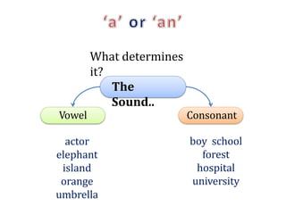 The
Sound..
What determines
it?
Vowel Consonant
actor
elephant
island
orange
umbrella
boy school
forest
hospital
university