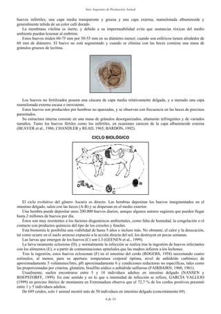 Sitio Argentino de Producción Animal
huevos infértiles; una capa media transparente y gruesa y una capa externa, mamelonada albuminoide y
generalmente teñida de un color café dorado.
La membrana vitelina es inerte, y debido a su impermeabilidad evita que sustancias tóxicas del medio
ambiente puedan lesionar al embrión.
Estos huevos miden 60-75 mm por 50-55 mm en su diámetro menor; cuando son esféricos tienen alrededor de
60 mm de diámetro. El huevo no está segmentado y cuando se elimina con las heces contiene una masa de
gránulos gruesos de lecitina.
Los huevos no fertilizados poseen una cáscara de capa media relativamente delgada, y a menudo una capa
mamelonada externa escasa o inexistente.
Estos huevos son producidos por hembras no apareadas, y se observan con frecuencia en las heces de porcinos
parasitados.
Su estructura interna consiste en una masa de gránulos desorganizados, altamente refringentes y de variados
tamaños. Tanto los huevos fértiles como los infértiles, en ocasiones carecen de la capa albuminoide externa
(BEAVER et al., 1986; CHANDLER y READ, 1965; BARDÓN, 1992).
CICLO BIOLÓGICO
El ciclo evolutivo del género Ascaris es directo. Las hembras depositan los huevos insegmentados en el
intestino delgado, salen con las heces (A-B) y se dispersan en el medio exterior.
Una hembra puede depositar unos 200.000 huevos diarios, aunque algunos autores sugieren que pueden llegar
hasta 2 millones de huevos por día.
Éstos son muy resistentes a los factores disgenésicos ambientales, como falta de humedad, la congelación o el
contacto con productos químicos del tipo de los cresoles y fenoles.
Esta bionomía le posibilita una viabilidad de hasta 5 años o incluso más. No obstante, el calor y la desecación,
tal como ocurre en el suelo arenoso expuesto a la acción directa del sol, los destruyen en pocas semanas.
Las larvas que emergen de los huevos (C) son L3 (GEENEN et al., 1999).
La larva raramente eclosiona (D), y normalmente la infección se realiza tras la ingestión de huevos infectantes
con los alimentos (E), o a partir de contaminaciones epiteliales que las madres infieren a los lechones.
Tras la ingestión, estos huevos eclosionan (F) en el intestino del cerdo (ROGERS, 1958) necesitando cuatro
estímulos, al menos, para su apertura: temperatura corporal óptima, nivel de anhídrido carbónico de
aproximadamente 5 volúmenes/litro, pH aproximadamente 6 y condiciones reductoras no específicas, tales como
las proporcionadas por cisteína, glutatión, bisulfito sódico o anhídrido sulfuroso (FAIRBAIRN, 1960, 1961).
Usualmente, suelen encontrarse entre 5 y 10 individuos adultos en intestino delgado (NANSEN y
ROEPSTORFF, 1999). En este sentido y en lo que a intensidad de infección se refiere, GARCÍA VALLEJO
(1999) en porcino ibérico de montanera en Extremadura observa que el 72,7 % de los cerdos positivos presentó
entre 1 y 5 individuos adultos.
De 689 cerdos, solo 1 animal mostró más de 50 individuos en intestino delgado (concretamente 69).
4 de 10
 