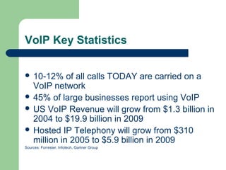 VoIP Key Statistics
 10-12% of all calls TODAY are carried on a
VoIP network
 45% of large businesses report using VoIP
 US VoIP Revenue will grow from $1.3 billion in
2004 to $19.9 billion in 2009
 Hosted IP Telephony will grow from $310
million in 2005 to $5.9 billion in 2009
Sources: Forrester, Infotech, Gartner Group
 