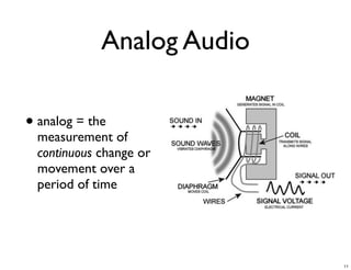 Analog Audio

• analog = the
  measurement of
  continuous change or
  movement over a
  period of time




                            11
 