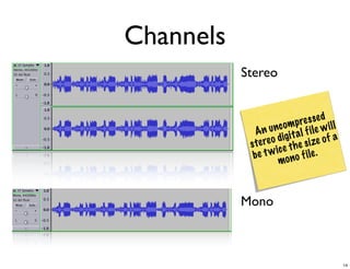Channels
           Stereo


                              e s se d l
                      c om p r i le w i l
              An u n gi t a l f
                  e o di e s i ze o f a
            s te r c e t h
             b e t w i n o f i le .
                      mo



           Mono



                                            14
 