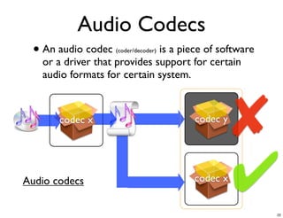 Audio Codecs
 • An audio codec             is a piece of software
                    (coder/decoder)

   or a driver that provides support for certain
   audio formats for certain system.



       codec x                        codec y
                                                ✘
Audio codecs                          codec x
                                                ✔      22
 