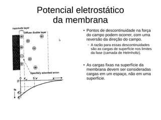 Potencial eletrostático
da membrana
●
Pontos de descontinuidade na força
do campo podem ocorrer, com uma
reversão da direção do campo.
– A razão para essas descontinuidades
são as cargas de superfície nos limites
da fase (camada de Helmholtz).
●
As cargas fixas na superfície da
membrana devem ser consideradas
cargas em um espaço, não em uma
superfície.
 