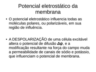 Potencial eletrostático da
membrana
● O potencial eletrostático influencia todas as
moléculas polares, ou polarizáveis, em sua
região de influência.
● A DESPOLARIZAÇÃO de uma célula excitável
altera o potencial de difusão Δψ, e a
modificação resultante na força do campo muda
a permeabilidade de canais de sódio e potássio,
que influenciam o potencial de membrana.
 