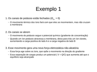 Exemplo 1
1. Os canais de potássio estão fechados (GK+
= 0)
– O movimento térmico dos íons fará com que eles se movimentem, mas não cruzam
a membrana
2. Os canais se abrem
– O movimento do potássio segue o potencial químico (gradiente de concentração)
– Quando um íon potássio atravessa a membrana, deixa para trás um íon cloreto,
aumentando a carga positiva do lado A e a carga negativa do lado B
3. Esse movimento gera uma nova força eletrostática não-aleatória
– Essa força age sobre os íons, que opõe o movimento na direção do gradiente
– Essa separação de cargas produz um potencial ( V = Q/C) que aumenta até que o
equilíbrio seja alcançado
 