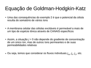 Equação de Goldman-Hodgkin-Katz
● Uma das consequências do exemplo 2 é que o potencial da célula
resulta do somatório de vários íons
●
A membrana celular das células excitáveis é permeável a mais de
um tipo de espécie iônica através de CANAIS específicos
● Assim, a situação j = 0 não depende do gradiente de concentração
de um único íon, mas de outros íons permeantes e de suas
permeabilidades relativas
● Ou seja, temos que considerar os fluxos individuais jNa
, jK
, jCl
, etc.
 