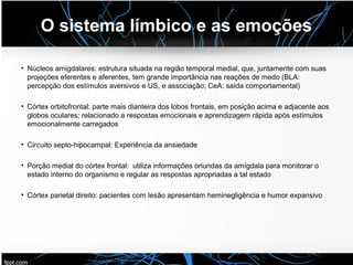 O sistema límbico e as emoções
• Núcleos amigdalares: estrutura situada na região temporal medial, que, juntamente com suas
projeções eferentes e aferentes, tem grande importância nas reações de medo (BLA:
percepção dos estímulos aversivos e US, e associação; CeA: saída comportamental)
• Córtex orbitofrontal: parte mais dianteira dos lobos frontais, em posição acima e adjacente aos
globos oculares; relacionado a respostas emocionais e aprendizagem rápida após estímulos
emocionalmente carregados
• Circuito septo-hipocampal: Experiência da ansiedade
• Porção medial do córtex frontal: utiliza informações oriundas da amígdala para monitorar o
estado interno do organismo e regular as respostas apropriadas a tal estado
• Córtex parietal direito: pacientes com lesão apresentam heminegligência e humor expansivo
 
