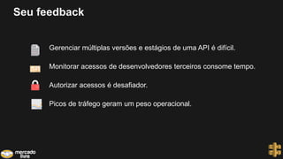 Seu feedback
Gerenciar múltiplas versões e estágios de uma API é difícil.
Monitorar acessos de desenvolvedores terceiros consome tempo.
Autorizar acessos é desafiador.
Picos de tráfego geram um peso operacional.
 