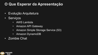 O Que Esperar da Apresentação
• Evolução Arquitetura
• Serviços
• AWS Lambda
• Amazon API Gateway
• Amazon Simple Storage Service (S3)
• Amazon DynamoDB
• Zombie Chat
 