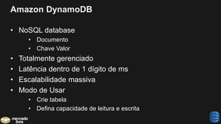 Amazon DynamoDB
• NoSQL database
• Documento
• Chave Valor
• Totalmente gerenciado
• Latência dentro de 1 dígito de ms
• Escalabilidade massiva
• Modo de Usar
• Crie tabela
• Defina capacidade de leitura e escrita
 