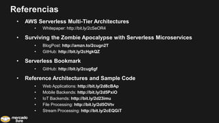 Referencias
• AWS Serverless Multi-Tier Architectures
• Whitepaper: http://bit.ly/2cSeOR4
• Surviving the Zombie Apocalypse with Serverless Microservices
• BlogPost: http://amzn.to/2cugn2T
• GitHub: http://bit.ly/2cHgkQZ
• Serverless Bookmark
• GitHub: http://bit.ly/2cug6gf
• Reference Architectures and Sample Code
• Web Applications: http://bit.ly/2d8cBAp
• Mobile Backends: http://bit.ly/2d5PxiO
• IoT Backends: http://bit.ly/2d23imu
• File Processing: http://bit.ly/2d5OVtv
• Stream Processing: http://bit.ly/2cEQGiT
 