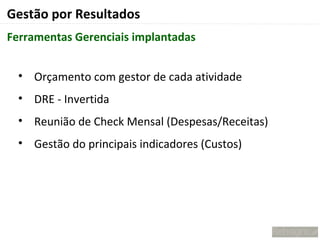 Gestão por Resultados
Ferramentas Gerenciais implantadas


  • Orçamento com gestor de cada atividade
  • DRE - Invertida
  • Reunião de Check Mensal (Despesas/Receitas)
  • Gestão do principais indicadores (Custos)
 