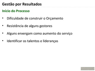 Gestão por Resultados
Início do Processo
• Dificuldade de construir o Orçamento

• Resistência de alguns gestores

• Alguns enxergam como aumento do serviço

• Identificar os talentos e lideranças
 