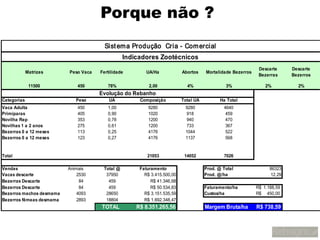 Porque não ?
                                        Sist em a Produção Cria - Com ercial
                                                 Indicadores Zootécnicos
                                                                                                             Descarte     Descarte
             Matrizes     Peso Vaca   Fertilidade        UA/Ha            Abortos    Mortalidade Bezerros
                                                                                                             Bezerras     Bezerros

              11500           450        78%              2,00              4%                3%                2%          2%
                                      Evolução do Rebanho
Categorias                   Peso         UA          Composição          Total UA          Ha Total
Vaca Adulta                   450        1,00             9280             9280              4640
Primíparas                    405        0,90             1020             918                459
Novilha Rep                   353        0,78             1200             940                470
Novilhas 1 a 2 anos           275        0,61             1200             733                367
Bezerras 0 a 12 meses         113        0,25             4176             1044               522
Bezerros 0 a 12 meses         123        0,27             4176             1137               568


Total                                                    21053             14052             7026

Vendas                    Animais      Total @        Faturamento                    Prod. @ Total                86323
Vacas descarte                2530      37950           R$ 3.415.500,00              Prod. @/ha                   12,29
Bezerras Descarte              84        459               R$ 41.346,68
Bezerros Descarte              84        459               R$ 50.534,83              Faturamento/ha         R$ 1.188,59
Bezerros machos desmama       4093      28650           R$ 3.151.535,59              Custos/ha              R$ 450,00
Bezerros fêmeas desmama       2893      18804           R$ 1.692.348,47
                                      TOTAL          R$ 8.351.265,56                 Margem Bruta/ha        R$ 738,59
 