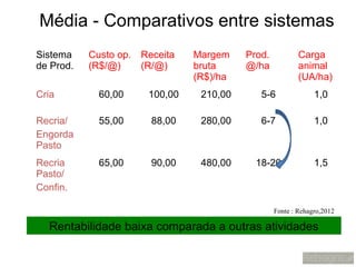Média - Comparativos entre sistemas
Sistema    Custo op.   Receita   Margem    Prod.           Carga
de Prod.   (R$/@)      (R/@)     bruta     @/ha            animal
                                 (R$)/ha                   (UA/ha)
Cria         60,00      100,00    210,00      5-6               1,0

Recria/      55,00       88,00    280,00      6-7               1,0
Engorda
Pasto
Recria       65,00       90,00    480,00     18-20              1,5
Pasto/
Confin.

                                                   Fonte : Rehagro,2012

  Rentabilidade baixa comparada a outras atividades
 