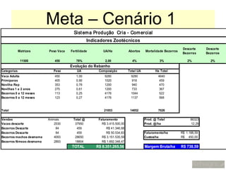 Meta – Cenário 1
                                        Sist em a Produção Cria - Com ercial
                                                 Indicadores Zootécnicos
                                                                                                             Descarte     Descarte
             Matrizes     Peso Vaca   Fertilidade        UA/Ha            Abortos    Mortalidade Bezerros
                                                                                                             Bezerras     Bezerros

              11500           450        78%              2,00              4%                3%                2%          2%
                                      Evolução do Rebanho
Categorias                   Peso         UA          Composição          Total UA          Ha Total
Vaca Adulta                   450        1,00             9280             9280              4640
Primíparas                    405        0,90             1020             918                459
Novilha Rep                   353        0,78             1200             940                470
Novilhas 1 a 2 anos           275        0,61             1200             733                367
Bezerras 0 a 12 meses         113        0,25             4176             1044               522
Bezerros 0 a 12 meses         123        0,27             4176             1137               568


Total                                                    21053             14052             7026

Vendas                    Animais      Total @        Faturamento                    Prod. @ Total                86323
Vacas descarte                2530      37950           R$ 3.415.500,00              Prod. @/ha                   12,29
Bezerras Descarte              84        459               R$ 41.346,68
Bezerros Descarte              84        459               R$ 50.534,83              Faturamento/ha         R$ 1.188,59
Bezerros machos desmama       4093      28650           R$ 3.151.535,59              Custos/ha              R$ 450,00
Bezerros fêmeas desmama       2893      18804           R$ 1.692.348,47
                                      TOTAL          R$ 8.351.265,56                 Margem Bruta/ha        R$ 738,59
 