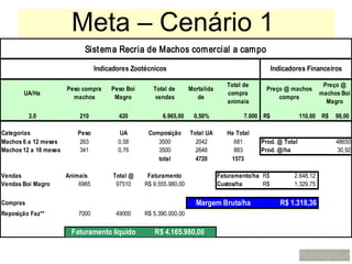 Meta – Cenário 1
                             Sist em a Recria de Machos com ercial a campo

                                  Indicadores Zootécnicos                                           Indicadores Financeiros

                                                                                   Total de                            Preço @
                       Peso compra     Peso Boi      Total de       Mortalida                   Preço @ machos
       UA/Ha                                                                       compra                             machos Boi
                         machos         Magro        vendas            de                           compra
                                                                                   animais                              Magro

          3,0              210            420           6.965,00     0,50%               7.000 R$             110,00 R$    98,00

Categorias                Peso            UA       Composição       Total UA       Ha Total
Machos 6 a 12 meses        263           0,58         3500            2042           681      Prod. @ Total                48650
Machos 12 a 18 meses       341           0,76         3500            2648           883      Prod. @/ha                   30,92
                                                      total           4720          1573

Vendas                 Animais          Total @    Faturamento                  Faturamento/ha R$          2.648,12
Vendas Boi Magro           6965          97510    R$ 9.555.980,00               Custos/ha      R$          1.329,75

Compras                                                               Margem Bruta/ha                  R$ 1.318,36
Reposição Faz**            7000          49000    R$ 5.390.000,00

                        Faturamento líquido          R$ 4.165.980,00
 
