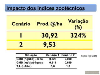 Situação        Cenário 1 Cenário 2   Fonte: ReHAgro
GMD (Kg/dia) - seca     0,328     0,000
GMD (kg/dia)-águas      0,811     0,649
T.L (UA/ha)              3,0       1,0
 