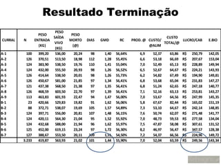 Resultado Terminação
                           PESO
                   PESO            PESO
                          SAÍDA                                                      CUSTO
CURRAL   N       ENTRADA          MORTO      DIAS   GMD       RC     PROD. @ CUSTO/         LUCRO/CAB       E.BIO
                          VIVO                                                      TOTAL/@
                   (KG)             (@)                                      @ALIM
                           (KG)
A-1        100     399,20  536,00    20,24     98    1,40   56,64%      6,9   52,37   63,86   R$   250,79   142,05
A-2        126     370,51  513,50    18,98    112    1,28   55,45%      6,6   53,18   66,69   R$   207,67   153,04
A-3        124     383,90  538,50    19,76    110    1,41   55,04%      7,0   52,49   65,13   R$   228,89   149,94
A-4        124     432,00  555,50    20,93     98    1,26   56,52%      6,5   52,67   64,67   R$   224,21   143,93
A-5        126     414,64  538,50    20,01     98    1,26   55,73%      6,2   54,82   67,49   R$   194,90   149,81
A-6        126     450,67  581,00    21,85     97    1,34   56,41%      6,8   53,68   65,04   R$   231,83   147,27
A-7        121     437,38  568,50    21,38     97    1,35   56,41%      6,8   51,24   62,65   R$   247,18   140,77
A-8        126     468,59  603,50    22,70     97    1,39   56,41%      7,1   52,16   63,13   R$   253,81   143,27
A-9        113     463,83  601,93    22,47     94    1,47   56,00%      7,0   53,67   64,56   R$   247,99   145,35
B-1         23     420,66  529,83    19,82     91    1,62   56,06%      5,8   67,67   82,44   R$   165,02   151,19
B-2         88     372,71  538,07    19,69    105    1,57   54,89%      7,3   53,10   64,67   R$   242,14   148,85
B-3        124     397,71  556,00    20,81    107    1,48   56,15%      7,6   50,74   62,07   R$   271,48   141,77
B-4        124     420,11  564,30    21,04     95    1,52   55,92%      7,0   48,73   59,53   R$   277,58   134,04
B-5        124     432,68  588,00    21,94     96    1,62   55,97%      7,5   47,87   58,08   R$   307,61   131,52
B-6        125     452,00  619,15    23,24     97    1,72   56,30%      8,2   46,97   56,47   R$   347,57   128,38
B-7        127     388,67  553,50    20,11    109    1,51   54,50%      7,2   54,37   66,56   R$   224,96   149,72
         3.233     419,87  563,93    21,02    101    1,44   55,90%      7,0   52,04   63,59   R$   249,56   143,34
 