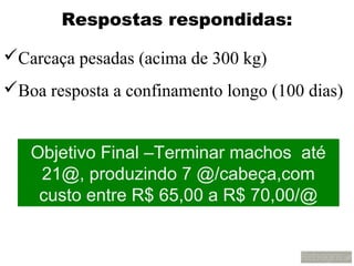 Respostas respondidas:

Carcaça pesadas (acima de 300 kg)
Boa resposta a confinamento longo (100 dias)


   Objetivo Final –Terminar machos até
    21@, produzindo 7 @/cabeça,com
    custo entre R$ 65,00 a R$ 70,00/@
 