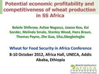 Potential economic profitability and
competitiveness of wheat production
              in SS Africa

   Bekele Shiferaw, Asfaw Negassa, Jawoo Koo, Kai
  Sonder, Melinda Smale, Stanley Wood, Hans Braun,
     Thomas Payne, Zhe Guo, Sika,Gbegbelegbe


  Wheat for Food Security in Africa Conference
  8-10 October 2012, Africa Hall, UNECA, Addis
                Ababa, Ethiopia
 