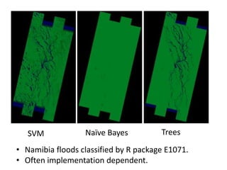 SVM Naïve Bayes Trees
• Namibia floods classified by R package E1071.
• Often implementation dependent.
 