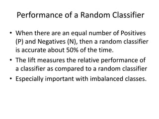 Performance of a Random Classifier
• When there are an equal number of Positives
(P) and Negatives (N), then a random classifier
is accurate about 50% of the time.
• The lift measures the relative performance of
a classifier as compared to a random classifier
• Especially important with imbalanced classes.
 