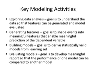 Key Modeling Activities
 Exploring data analysis – goal is to understand the
data so that features can be generated and model
evaluated
 Generating features – goal is to shape events into
meaningful features that enable meaningful
prediction of the dependent variable
 Building models – goal is to derive statistically valid
models from learning set
 Evaluating models – goal is to develop meaningful
report so that the performance of one model can be
compared to another model
 