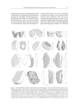 61Terminal Pleistocene lithic technology and use of space in Central Chile
compared to the short-lived expedient group), which
is characteristic of Taguatagua 2 where formal tools
dominate the assemblage. Though Taguatagua 1
and Quebrada Santa Julia also yielded long-lived
formal specimens, in these cases they have been
recorded as fractured during manufacture and they
are outnumbered by short-lived tools (Figure 4).
Among formal designs, the most recognizable
are bifacial tools because of the amount of labor
invested in their manufacture. This is the case of
a fluted projectile point preform on quartz crystal
identified in the Quebrada Santa Julia assemblage
(Jackson et al. 2007), and the case of fishtail projectile
points of the Taguatagua 2 (Núñez et al. 1994) and
Figure 2. >12,700 cal BP lithic assemblages (Quebrada Santa Julia and Taguatagua 1 sites): a. fluted bifacial preform (quartz crystal),
b. bifacial knife/preform (siliceous rock), c. ultramarginal sidescraper (obsidian), d. ultramarginal sidescraper (siliceous rock), e.
retouched flake (quartz crystal), f. sidescraper (quartz crystal), g. utilized flake (basalt), h. ultramarginal sidescraper (rhyolithic tuff),
i. retouched flake (tuff), j. lateral scraper (rhyolithic tuff); a., f., h.-j.: Quebrada Santa Julia; b.-e., g.: Taguatagua 1; scale is 1 cm.
Conjuntos líticos >12.700 cal .a.p. (Quebrada Santa Julia y Taguatagua 1): a. preforma bifacial acanalada (cristal de cuarzo),
b. preforma/cuchillo bifacial (roca silícea), c. raedera ultramarginal (obsidiana), d. raedera ultramarginal (roca silícea), e. lasca
retocada (cristal de cuarzo), f. raedera (cristal de cuarzo), g. lasca usada (basalto), h. raedera ultramarginal (toba riolítica), i. lasca
retocada (toba), j. raspador lateral (toba riolítica); a., f., h.-j.: Quebrada Santa Julia; b.-e., g.: Taguatagua 1; la escala es 1 cm.
 