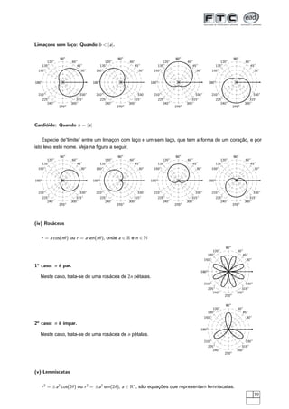 Limaçons sem laço: Quando b < |a|.
45◦
90◦
135◦
180◦
225◦
270◦
315◦
30◦
60◦
90◦
120◦
150◦
180◦
210◦
240◦
270◦
300◦
330◦
45◦
90◦
135◦
180◦
225◦
270◦
315◦
30◦
60◦
90◦
120◦
150◦
180◦
210◦
240◦
270◦
300◦
330◦
45◦
90◦
135◦
180◦
225◦
270◦
315◦
30◦
60◦
90◦
120◦
150◦
180◦
210◦
240◦
270◦
300◦
330◦
45◦
90◦
135◦
180◦
225◦
270◦
315◦
30◦
60◦
90◦
120◦
150◦
180◦
210◦
240◦
270◦
300◦
330◦
Cardióide: Quando b = |a|
Espécie de“limite” entre um limaçon com laço e um sem laço, que tem a forma de um coração, e por
isto leva este nome. Veja na ﬁgura a seguir.
45◦
90◦
135◦
180◦
225◦
270◦
315◦
30◦
60◦
90◦
120◦
150◦
180◦
210◦
240◦
270◦
300◦
330◦
45◦
90◦
135◦
180◦
225◦
270◦
315◦
30◦
60◦
90◦
120◦
150◦
180◦
210◦
240◦
270◦
300◦
330◦
45◦
90◦
135◦
180◦
225◦
270◦
315◦
30◦
60◦
90◦
120◦
150◦
180◦
210◦
240◦
270◦
300◦
330◦
45◦
90◦
135◦
180◦
225◦
270◦
315◦
30◦
60◦
90◦
120◦
150◦
180◦
210◦
240◦
270◦
300◦
330◦
(iv) Rosáceas
r = a cos(nθ) ou r = a sen(nθ), onde a ∈ R e n ∈ N
1o
caso: n é par.
Neste caso, trata-se de uma rosácea de 2n pétalas.
45◦
90◦
135◦
180◦
225◦
270◦
315◦
30◦
60◦
90◦
120◦
150◦
180◦
210◦
240◦
270◦
300◦
330◦
2o
caso: n é ímpar.
Neste caso, trata-se de uma rosácea de n pétalas.
45◦
90◦
135◦
180◦
225◦
270◦
315◦
30◦
60◦
90◦
120◦
150◦
180◦
210◦
240◦
270◦
300◦
330◦
(v) Lemniscatas
r2
= ±a2
cos(2θ) ou r2
= ±a2
sen(2θ), a ∈ R∗
, são equações que representam lemniscatas.
79
 